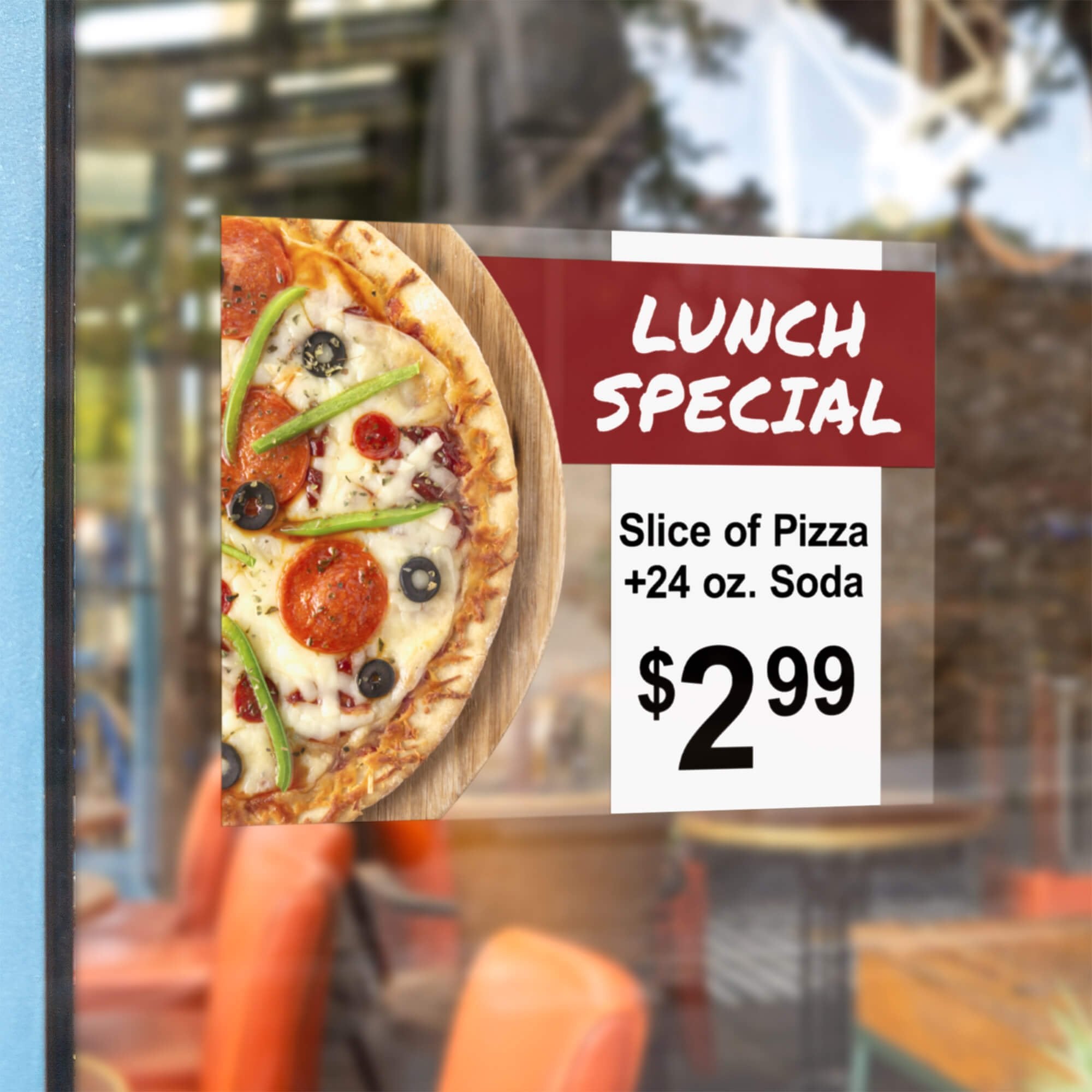 A window cling on a storefront window for a lunch special at a pizza place A window cling on a storefront window for a lunch special at a pizza place