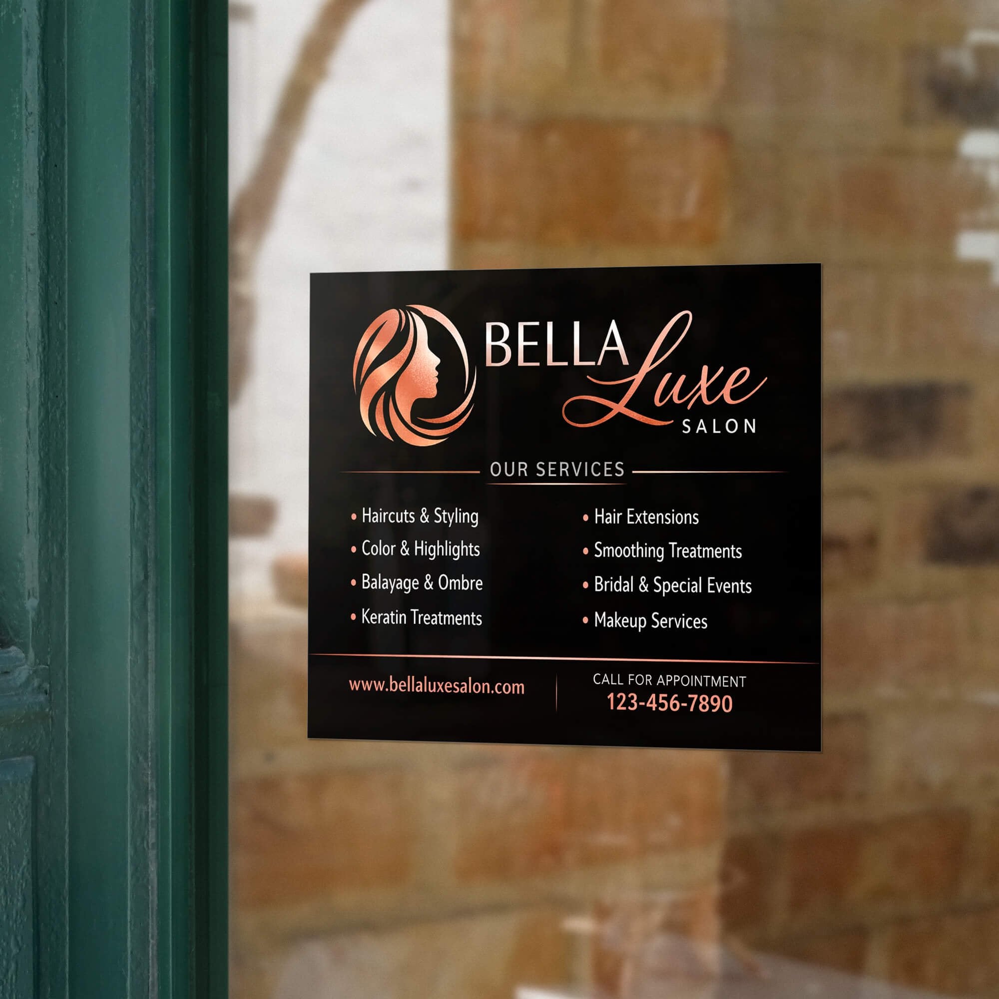 An opaque window cling with available services for a hair salon An opaque window cling with available services for a hair salon