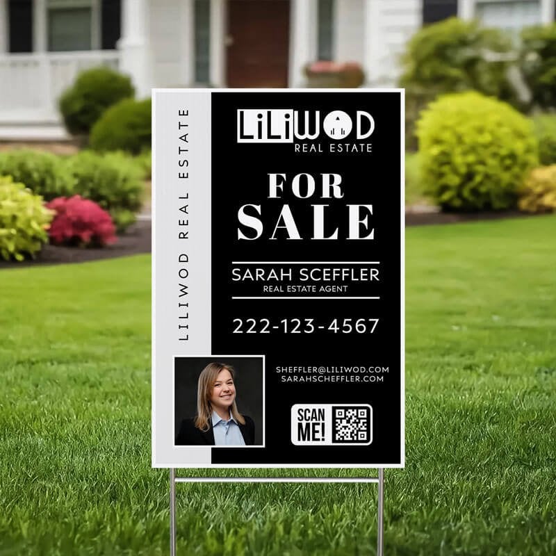 An 18x12 vertical yard sign for a realtor in a yard An 18x12 vertical yard sign for a realtor in a yard