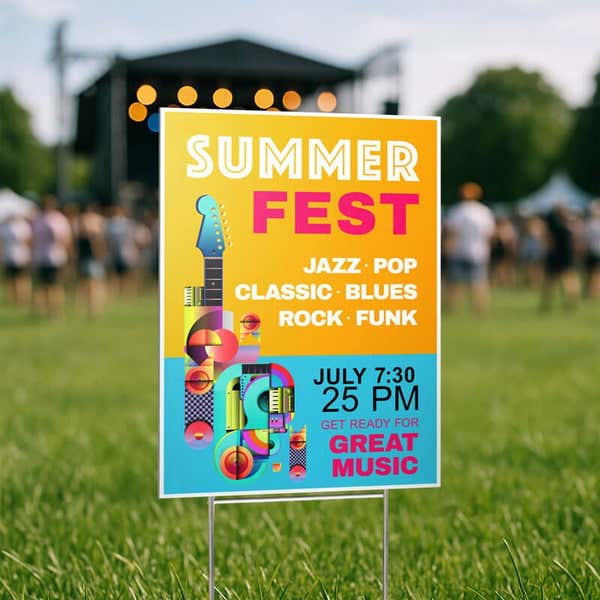 A vertical yard sign for a festival 