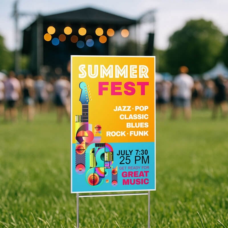 A vertical yard sign for a festival 