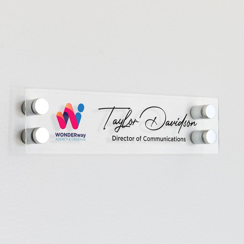 Custom clear acrylic sign with a logo and a name