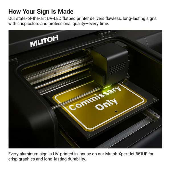 In-house UV-LED flatbed printer producing high-quality metal signage with crisp white lettering