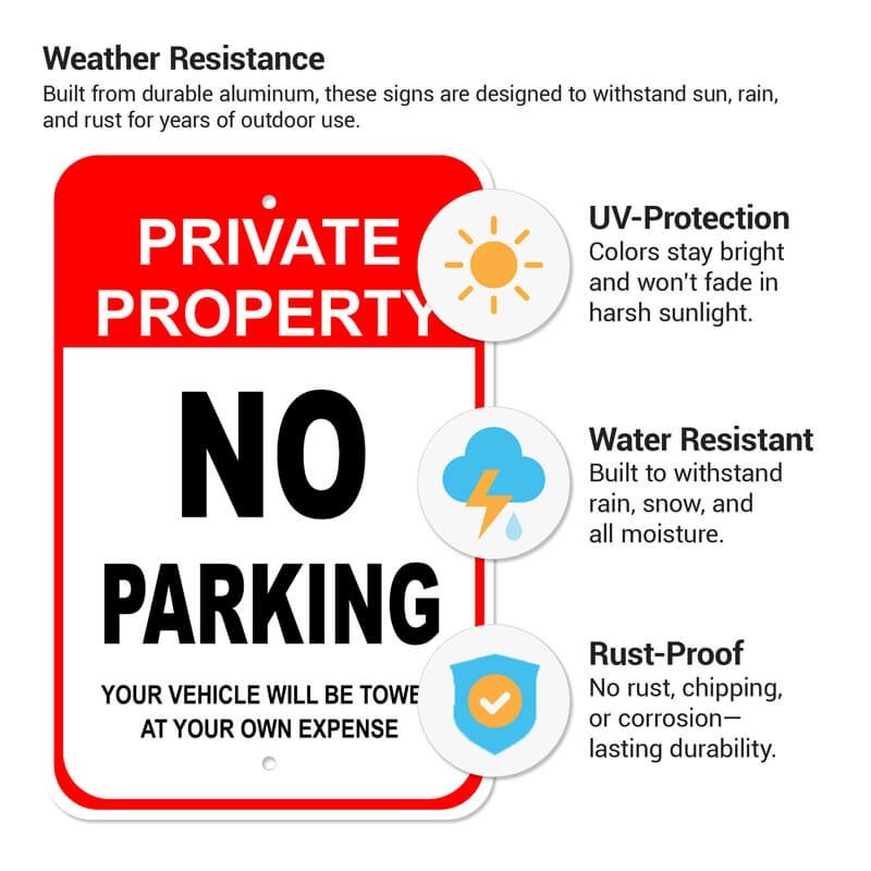 An aluminum sign highlighting sun, rain, and rust resistance for outdoor durability. An aluminum sign highlighting sun, rain, and rust resistance for outdoor durability.