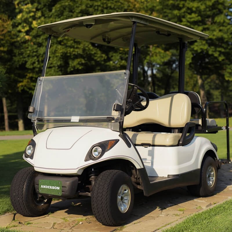 White Golf Cart with a Custom License Plate Saying "Anderson" White Golf Cart with a Custom License Plate Saying "Anderson"