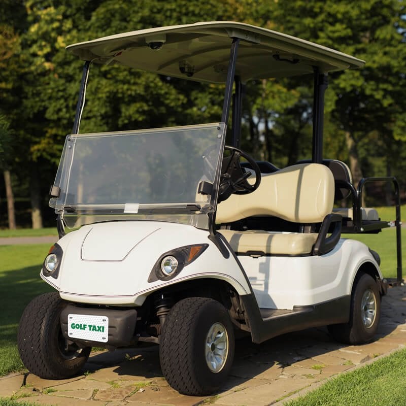 White Golf Cart with a Custom License Plate Saying "Golf Taxi" White Golf Cart with a Custom License Plate Saying "Golf Taxi"