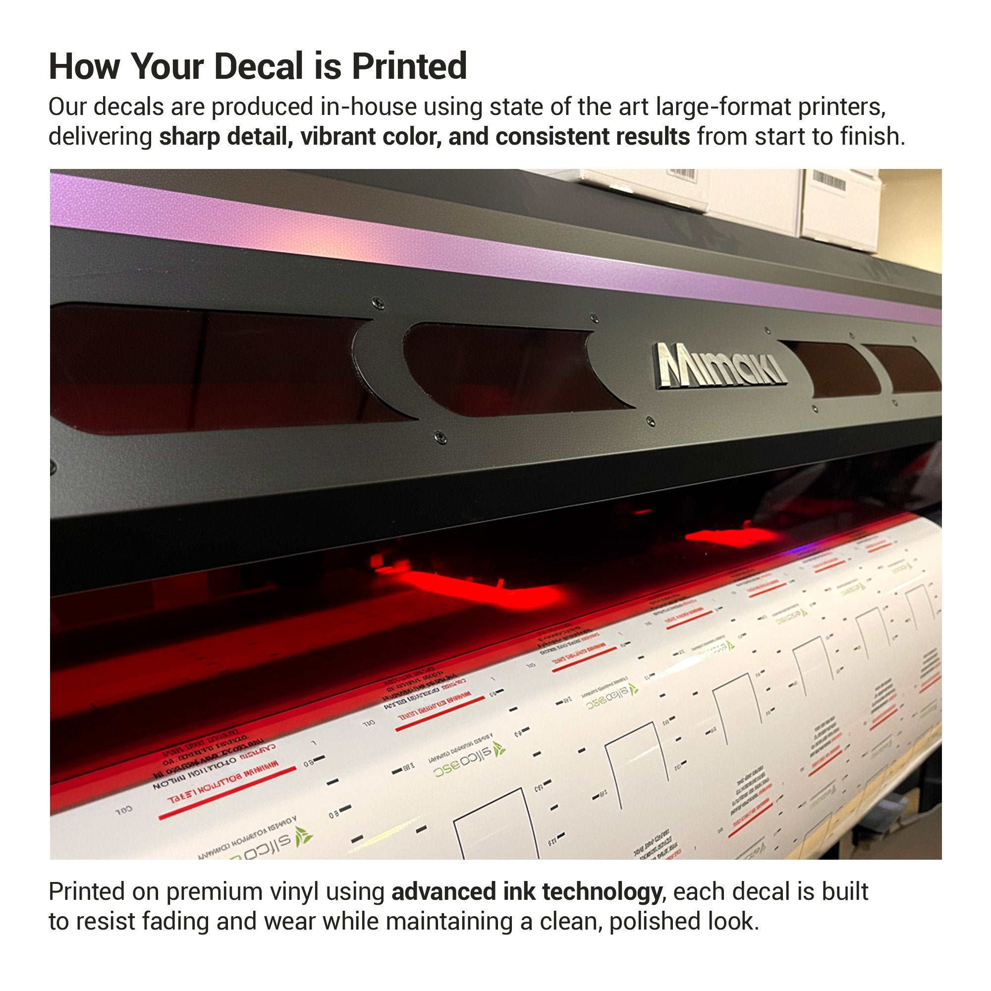 The process of vinyl decals being printed on a large format printer with advanced ink technology