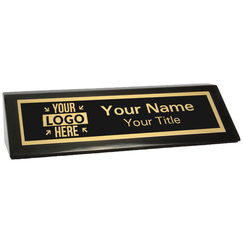 Piano Black Desk Wedge with Black Plate and Logo - 2" x 8"