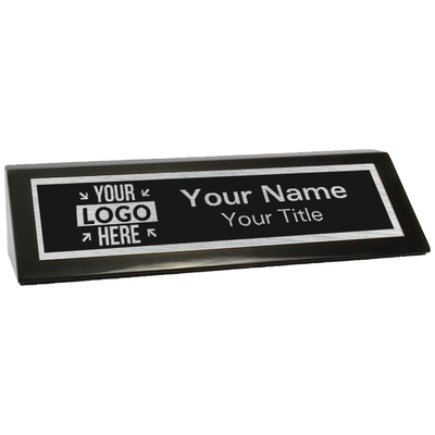 Piano Black Desk Wedge with Black Plate and Logo - 2" x 8" - alternate view