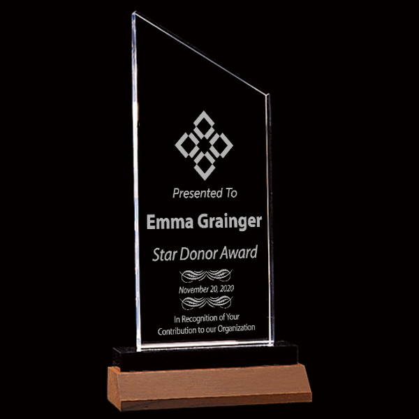 Donation Recognition Zenith Series Clear Acrylic Award w/ Walnut Base Donation Recognition Zenith Series Clear Acrylic Award w/ Walnut Base