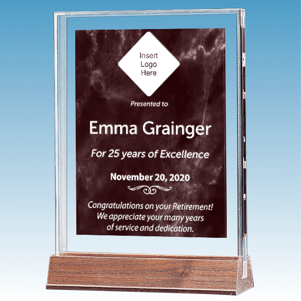 Retirement Recognition Marble Ruby Polished Acrylic Award on Walnut Base Retirement Recognition Marble Ruby Polished Acrylic Award on Walnut Base