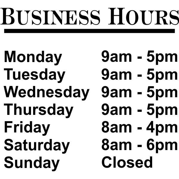 Standard Business Hours Die Cut Door Decal 12" x 12"