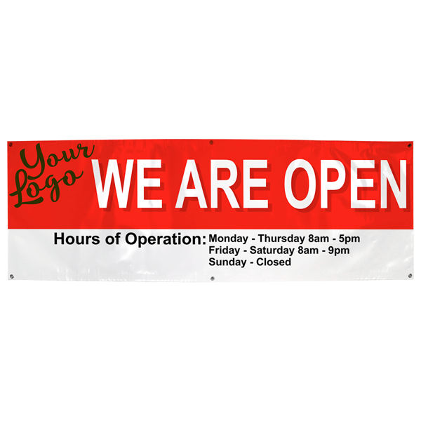 We Are Open Custom Banner with Hours | 2' x 6' We Are Open Custom Banner with Hours | 2' x 6'