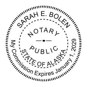 Alaska notary stamp with commission expiration date in a round seal format.