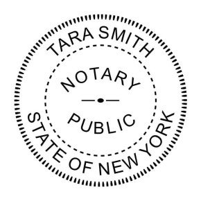 New York notary public seal with expiration date, name, and commission number.