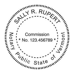 Round Vermont notary stamp with commission number and state-approved seal design.