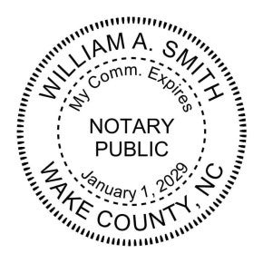 North Carolina notary stamp with name and expiration date in circular seal format. 