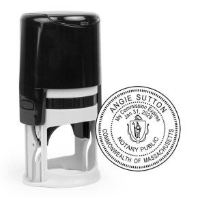 The Massachusetts Round Notary Stamp is pictured with the Shiny R-542 self-inking stamp.