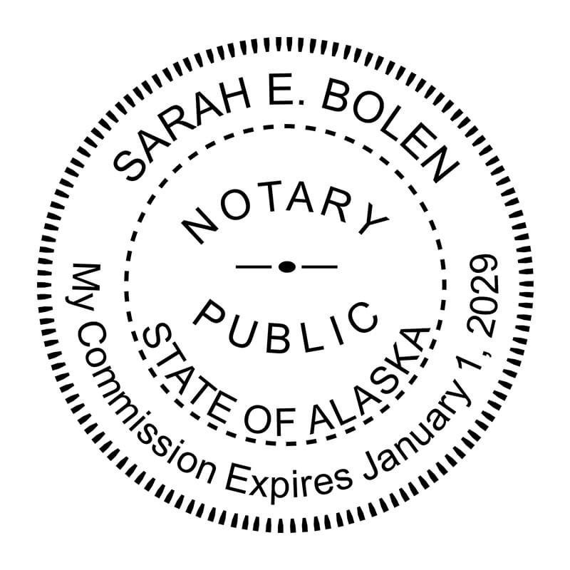 Alaska notary stamp with commission expiration date in a round seal format.