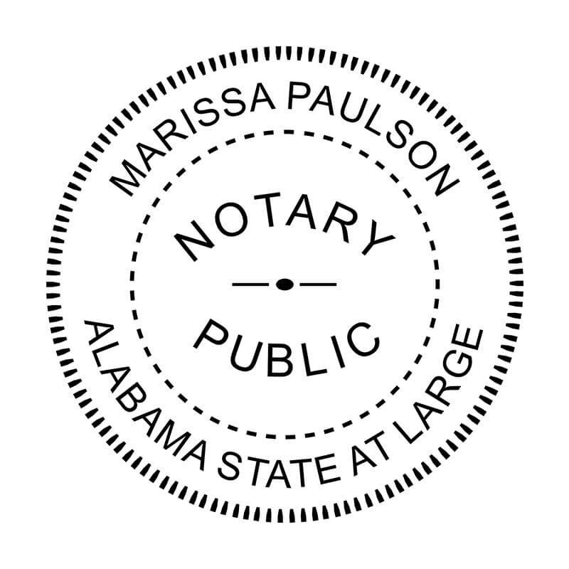 Close-up of Alabama notary public seal with expiration date, name, and commission number.