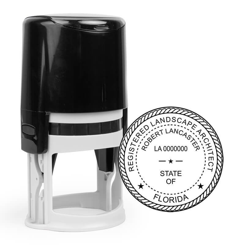 The State of Florida Landscape Architect Seal next to a self-inking stamp