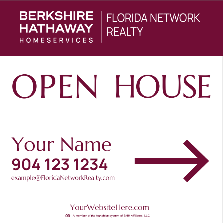 Berkshire Hathaway HomeServices Realtor Cabernet Side Arrow Open House Yard Sign 24"x24" - No Photo (Stake Included)
