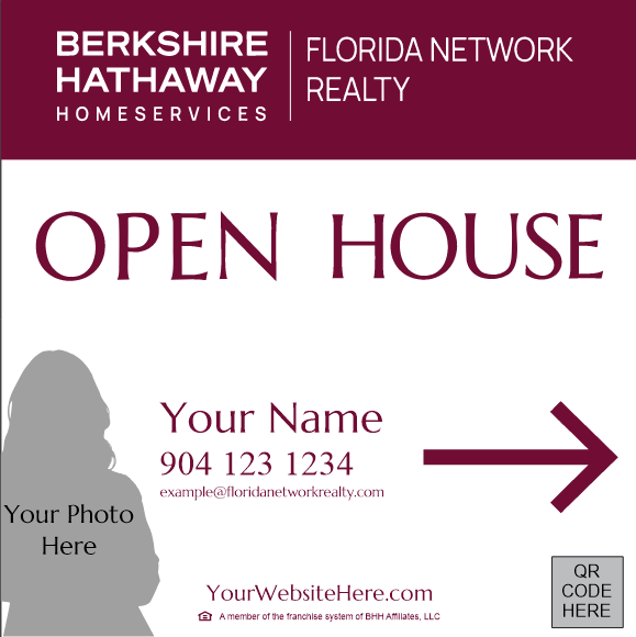 Berkshire Hathaway HomeServices Realtor Cabernet Side Arrow Open House Yard Sign 24"x24" - Photo & QR Code (Stake Included)