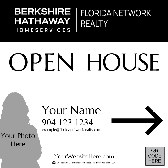 Berkshire Hathaway HomeServices Realtor Black/White Side Arrow Open House Yard Sign 24"x24" - Photo & QR Code (Stake Included)