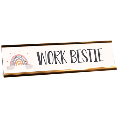 White desk plate with black custom text and a pastel rainbow