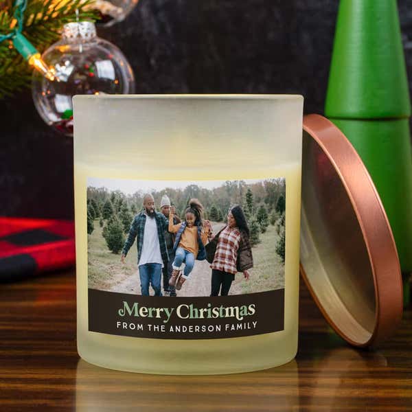 Customized Candle with Full Color Label on Christmas Background