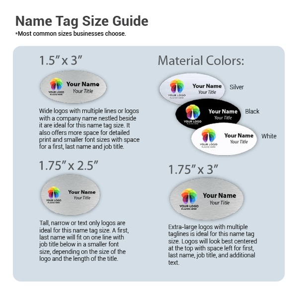 Name Tag Size Guide on a blue background