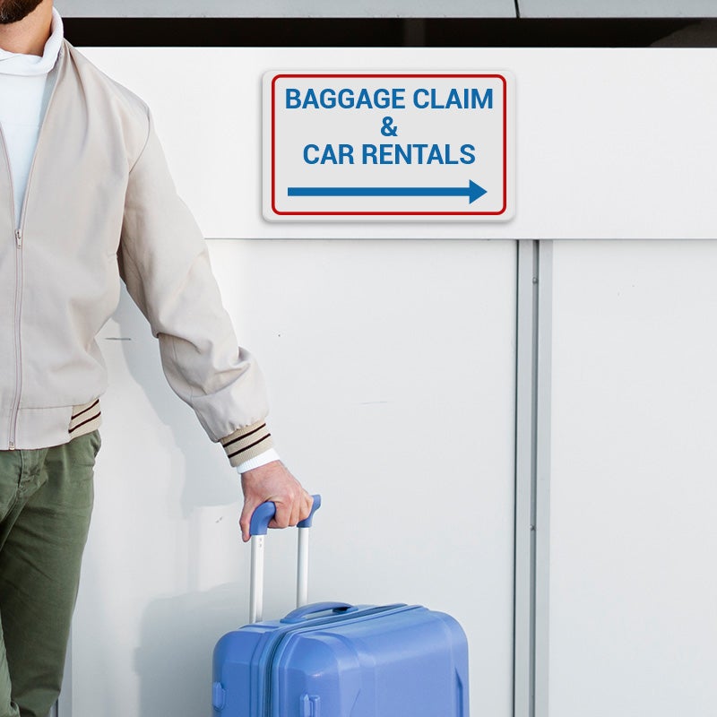 White Plastic Sign with Blue Letting for Baggage Claim and a Red Border White Plastic Sign with Blue Letting for Baggage Claim and a Red Border