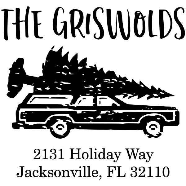 Holiday address stamp design featuring ‘Griswold Holiday’ with personalized family name and address.