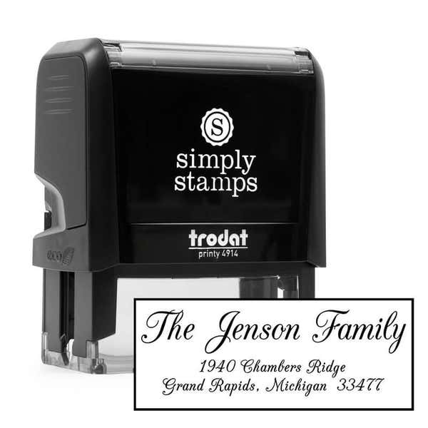Jenson Family Handwritten Address Stamp Design in front of stamp body