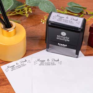 Couple Hearts Handwritten Address Stamp design impression on two envelopes next to self inking stamp body