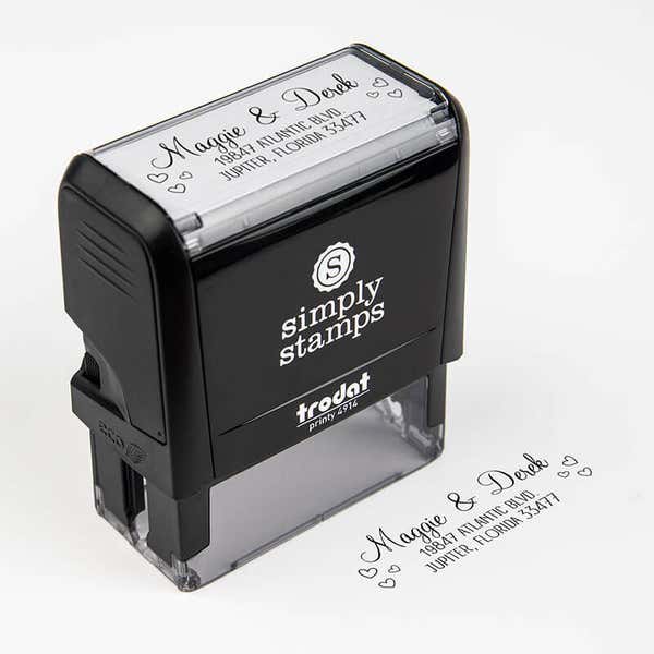 Couple Hearts Handwritten Address Stamp impression next to self inking stamp body