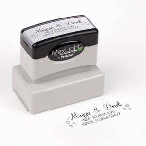 Couple Hearts Handwritten Address Stamp impression next to pre inked stamp body