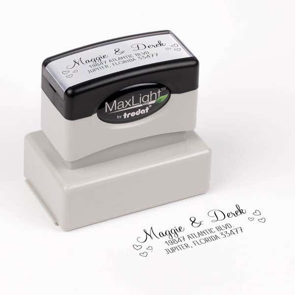 Couple Hearts Handwritten Address Stamp impression next to pre inked stamp body