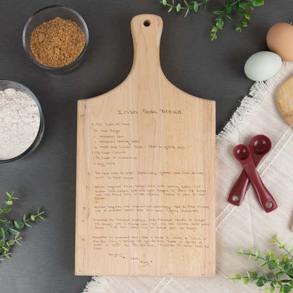 Paddle shaped Engraved Recipe Cutting Boards in maple finish