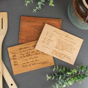 Engraved Wood Recipe Cards in various wood finishes