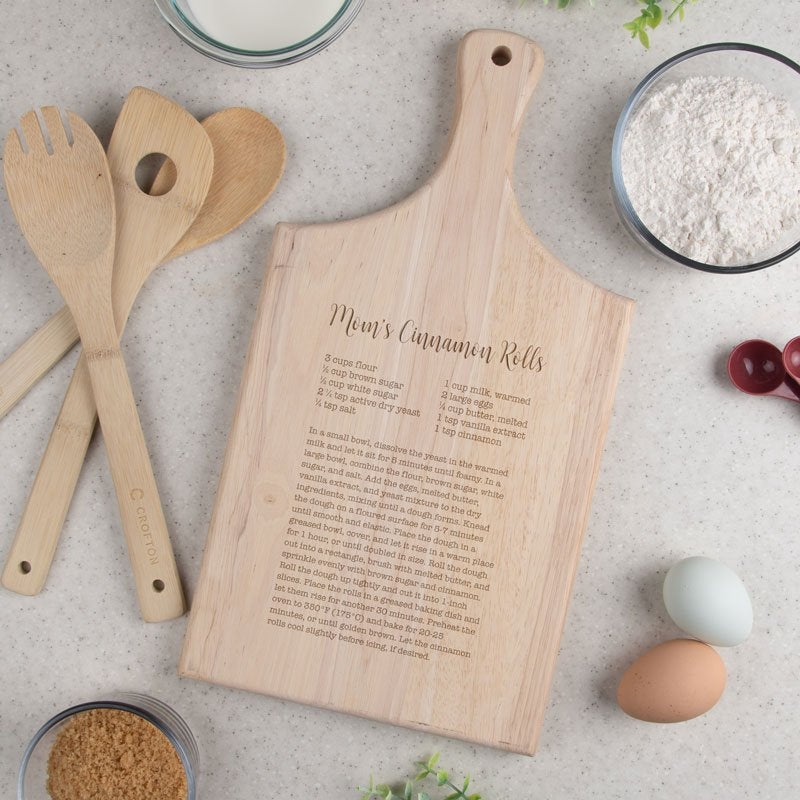 Custom Paddle Cutting Board - Maple Finish in Durable Rubberwood - Add Your Typed Recipe