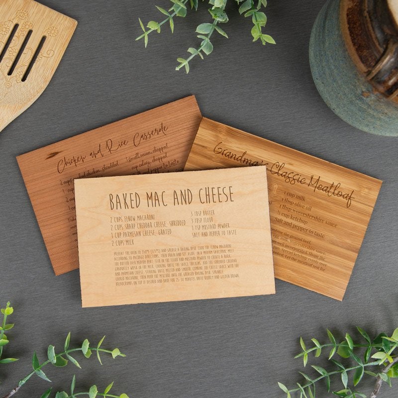 Add Your Typed Recipe to Engraved Wood Recipe Cards in 3 Wood Finishes (Cherry, Bamboo, and Maple)