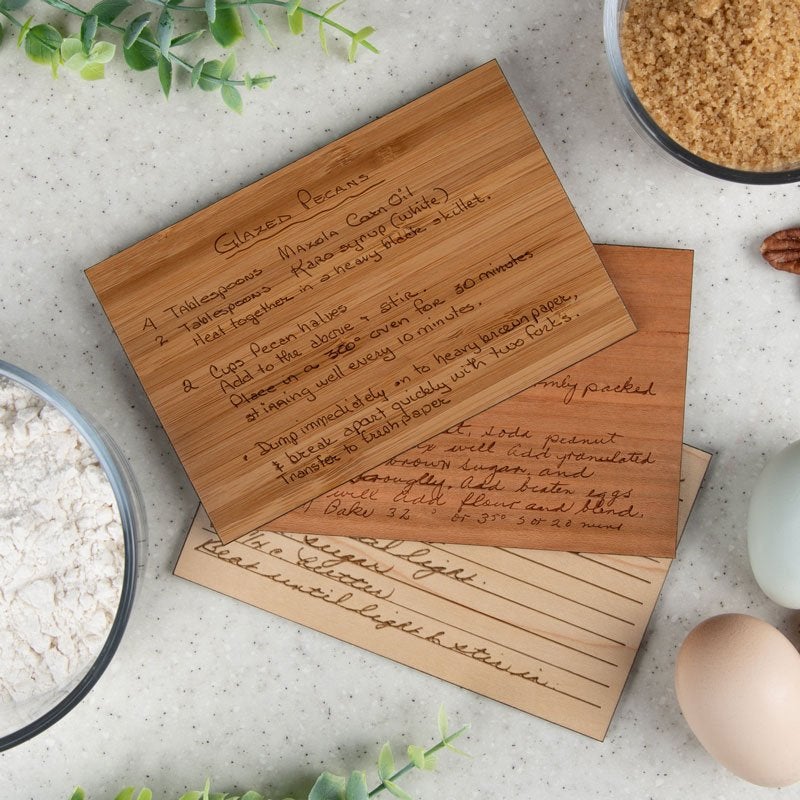 Engraved Wod Recipe Cards in 3 Wood Choices (Cherry, Bamboo and Maple)
