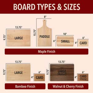Engraved cutting board shape, size, and finish chart