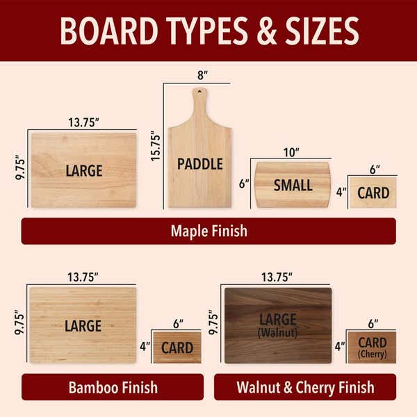 Engraved cutting board shape, size, and finish chart