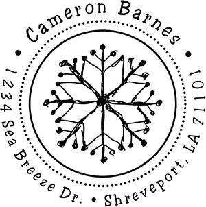 Holiday address stamp design featuring ‘Hand Drawn Snowflake’ with personalized family name and address.