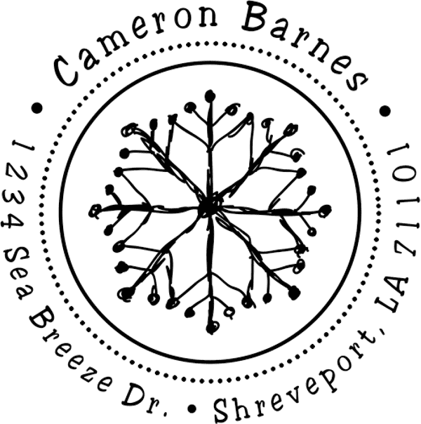Holiday address stamp design featuring ‘Hand Drawn Snowflake’ with personalized family name and address.