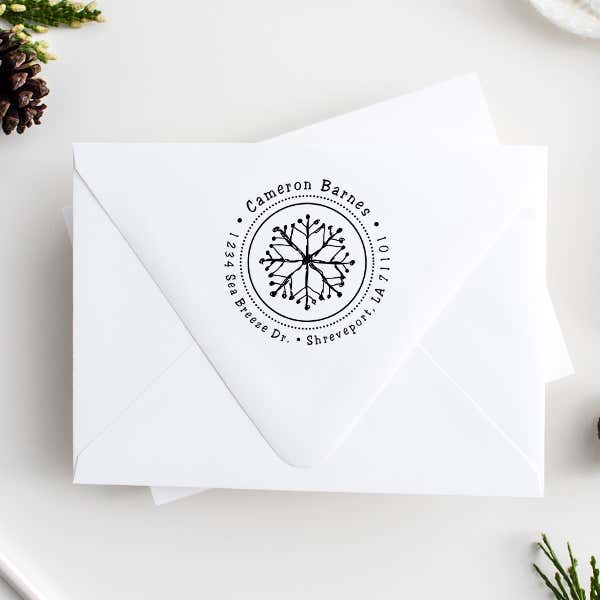 Hand Drawn Snowflake Return Address Stamp Imprint Examples on Envelopes