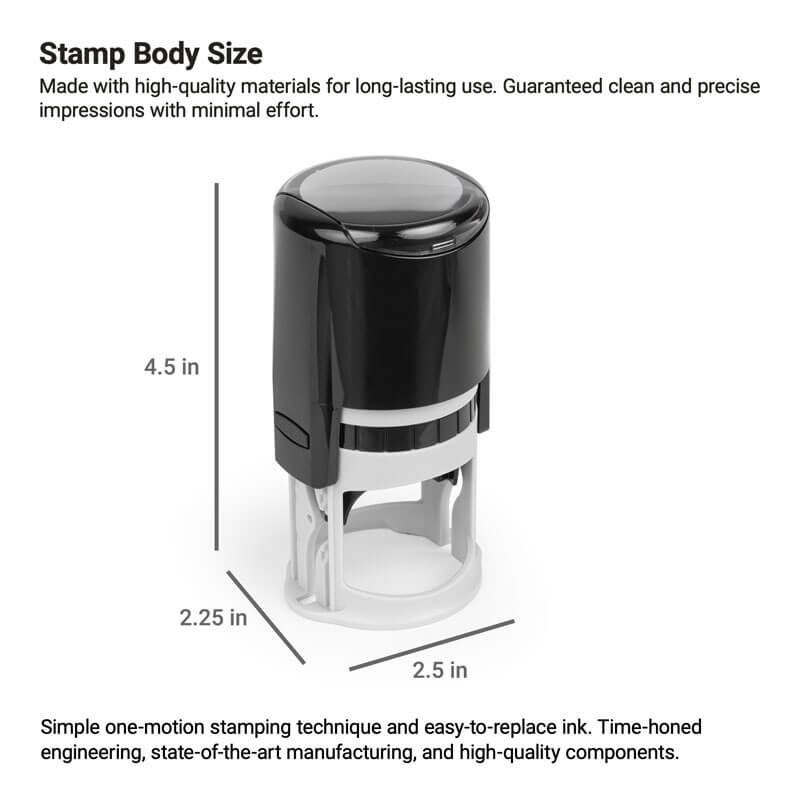 Notary stamp body showing labeled height and width measurements.