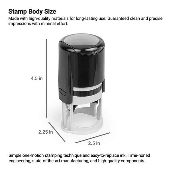 Close-up of a round notary stamp body with labeled dimensions. 
